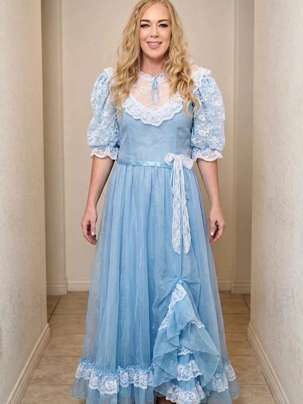 Vintage Romantic Custom “Little House in the Prairie style Blue Lace Long Dress